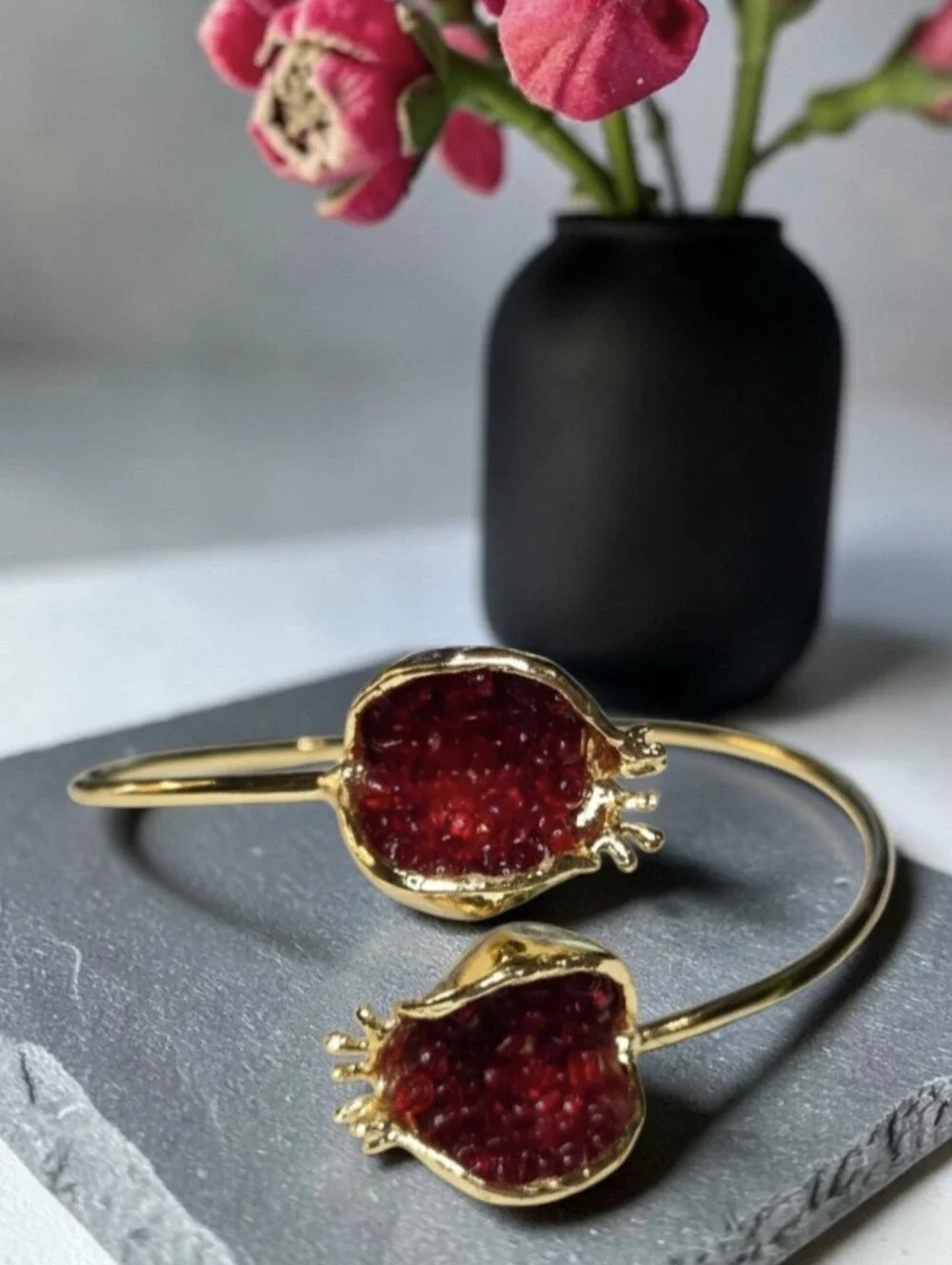 Fab 18k Gold Plated Artisan Genuine Garnet Pomegranate Bypass Bangle Bracelet